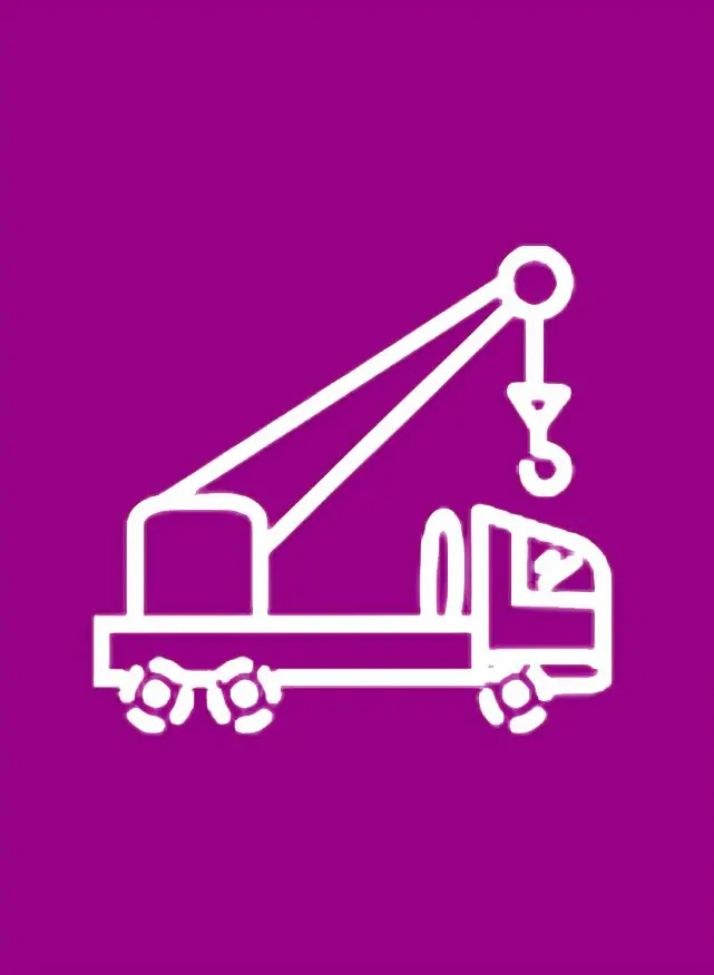 A crane truck on the back of a purple vehicle.