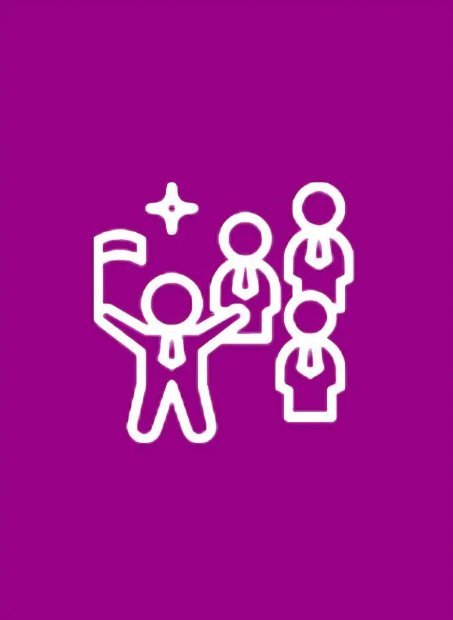 A purple background with four people standing next to each other.