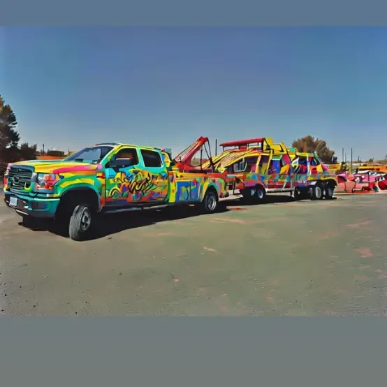 A colorful truck with a trailer attached to it.